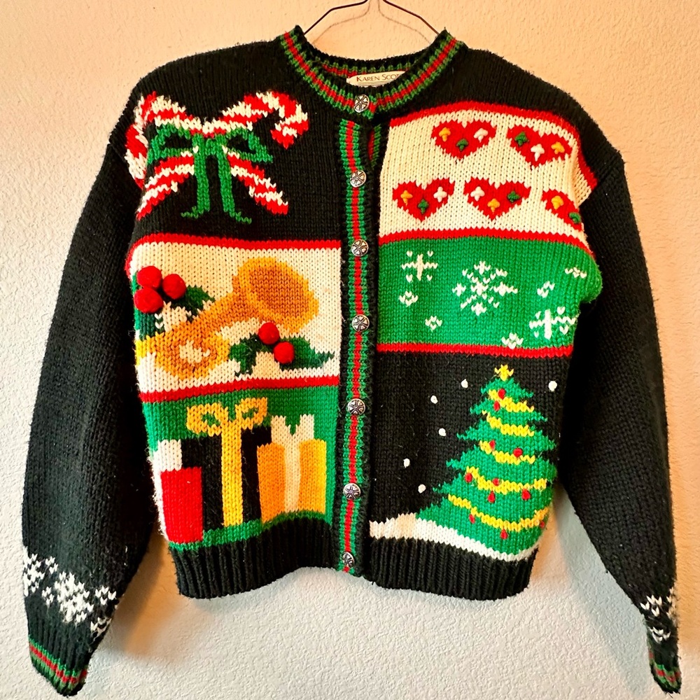Karen Scott Festive Black Multicolor Sweater
